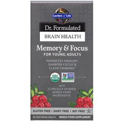 Поліпшення пам'яті і роботи мозку для молодих людей, Memory & Focus, Garden of Life, Dr. Formulated Brain Health, 60 вегетаріанських таблеток - фото