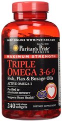Омега 3-6-9, лляне і огіркова олія, Omega 3-6-9 Fish Oil, Puritan's Pride, потрійна сила, 240 капсул - фото